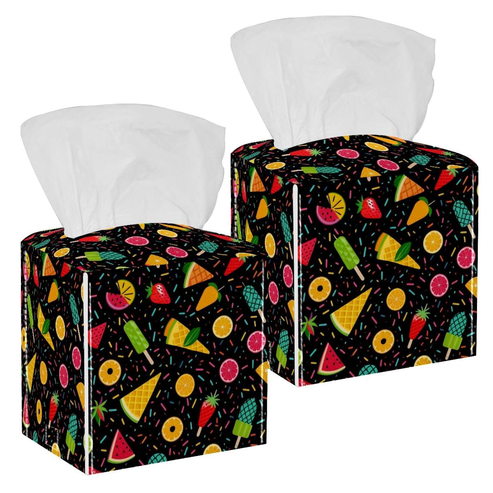 Summer Ice Cream Watermelon Tissue Box Cover, 2 Pack PU Leather Square Facial Tissue Dispenser Box holder for Home Office Car