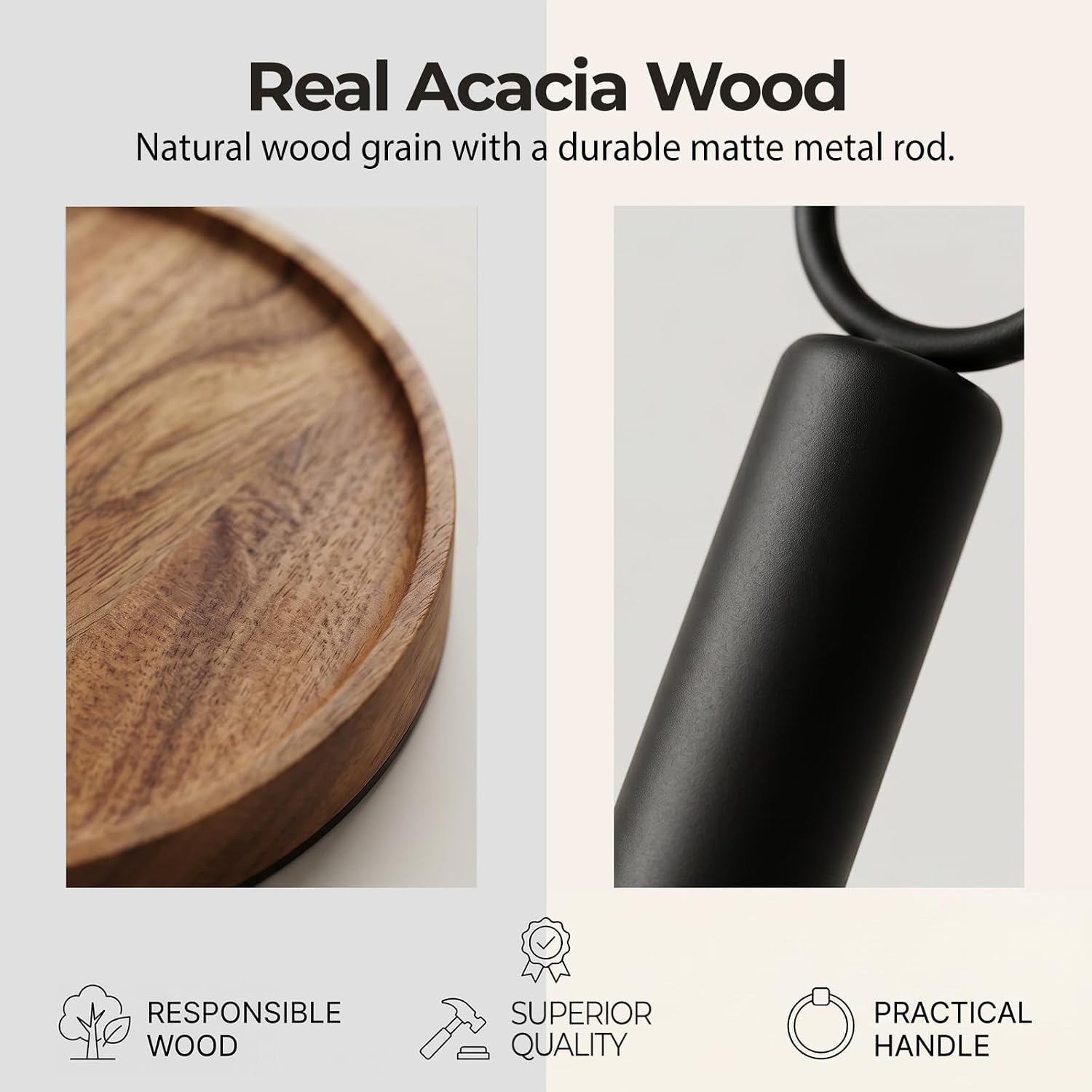 WILDMOS Paper Towel Holder Countertop, Solid Acacia Wood with Thick Metal Base, Black Freestanding Paper Towel Holder Stand for Farmhouse Kitchen