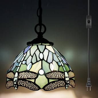 Small Tiffany Pendant Light Stained Glass Plug in Hanging Lamp 8 Inch Adjustable Height Hanging Chandelier Pendant Fixture for Home Kitchen Island Dining Room Hallway Sea Blue Dragonflly Style