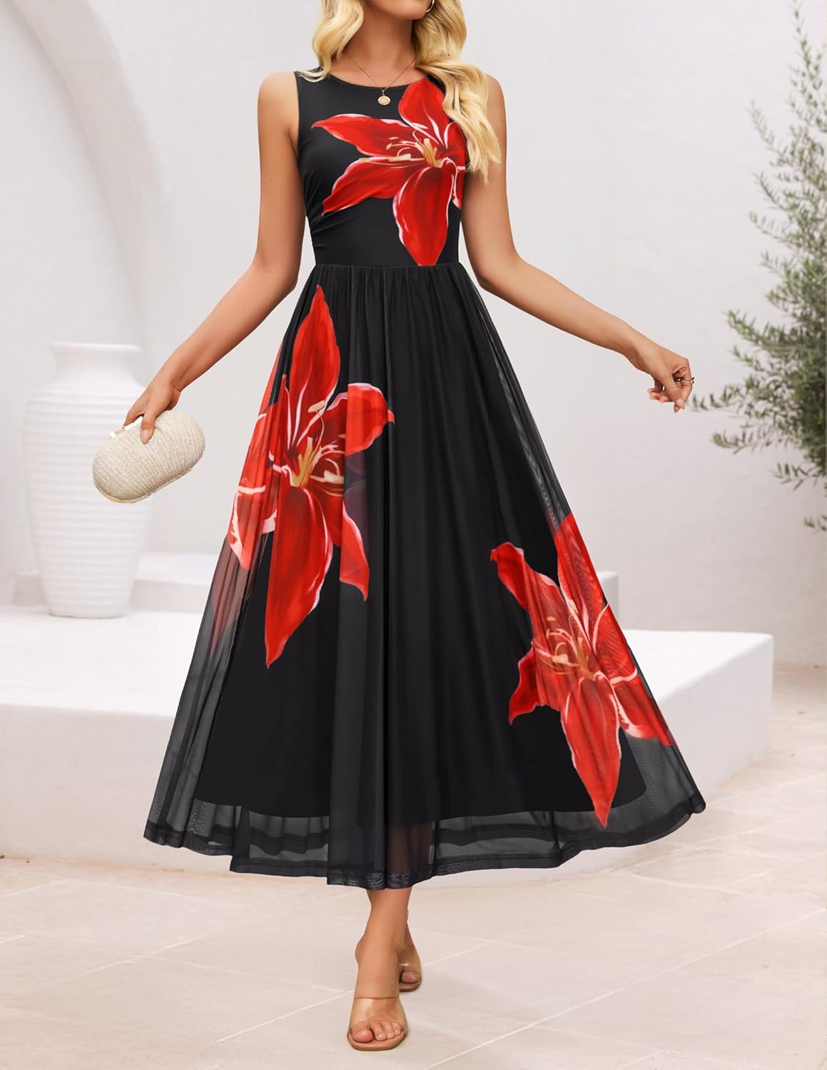 ZESICA Women's Summer Sleeveless Floral Maxi Dress 2026 Casual Crewneck Mesh A Line Flowy Boho Beach Party Long Dresses - Image 3