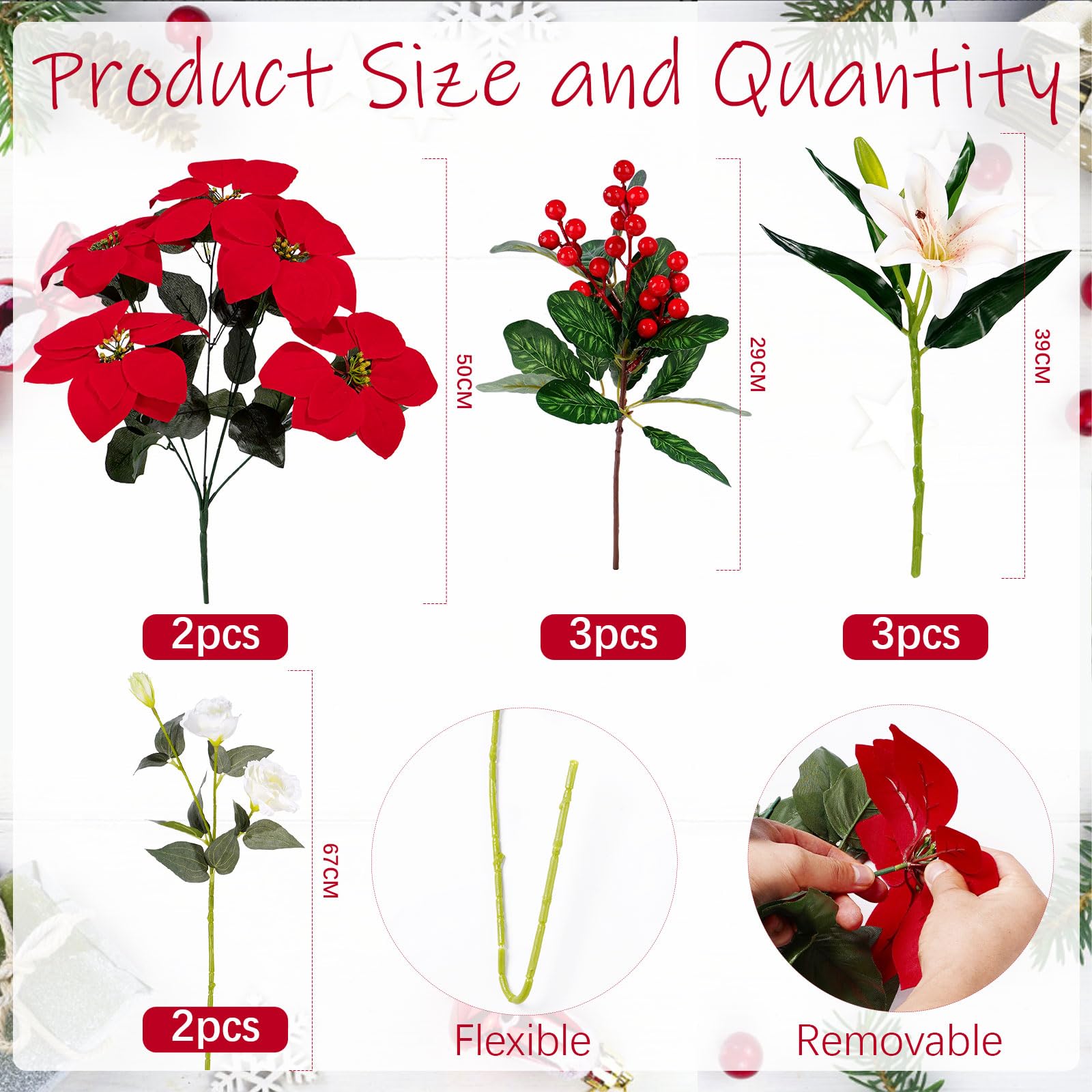 Ramo de flores de Pascua artificiales de Navidad para decoración de centro de mesa de Navidad, flores falsas de seda, arreglos florales de Navidad para rellenar jarrones del hogar, interiores y