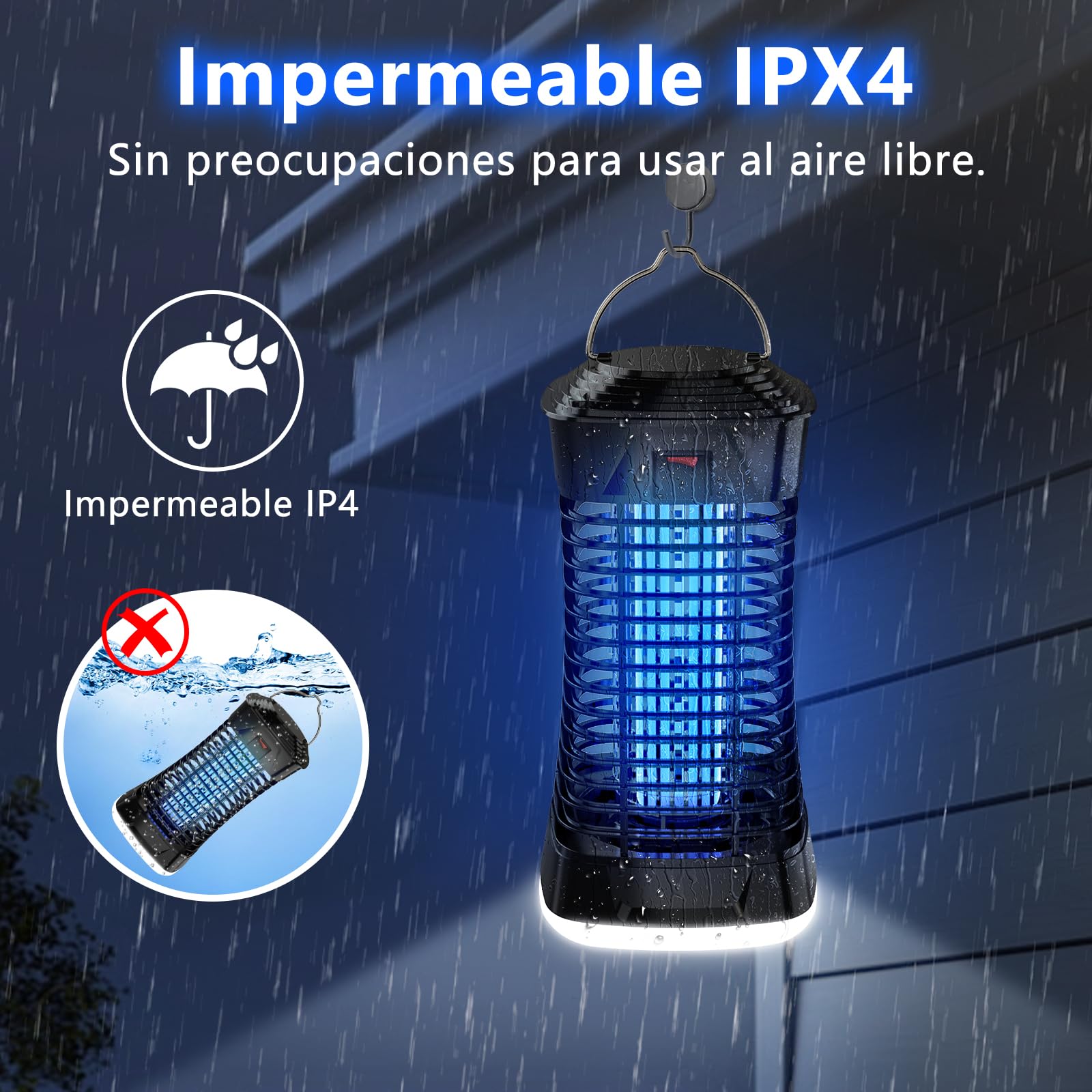 Loowoko Lampara Antimosquitos Exterior, Matamoscas Electrico Interior, 4200V Mata Mosquitos Electrico Exterior, Cable de 3m, Con luz en la parte inferior para camping, patio,dormitorio y sala de estar