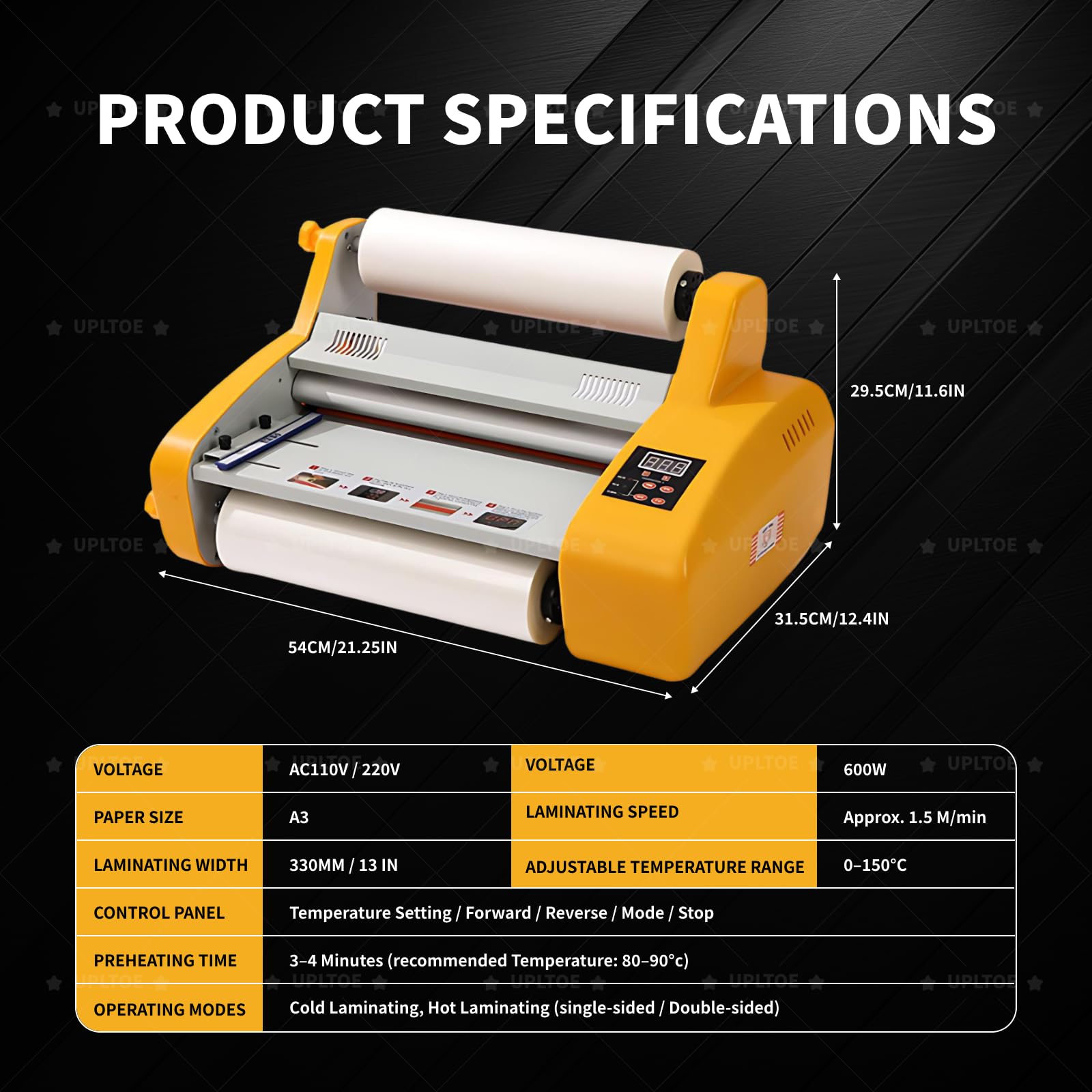 Laminator rolkowy na gorąco i zimno – Laminarka – 600W, szerokość 330 mm – A3 jednostronny/dwustronny – Z regulacją 0-150°C – Do papieru, tektury, PCV – Do biura