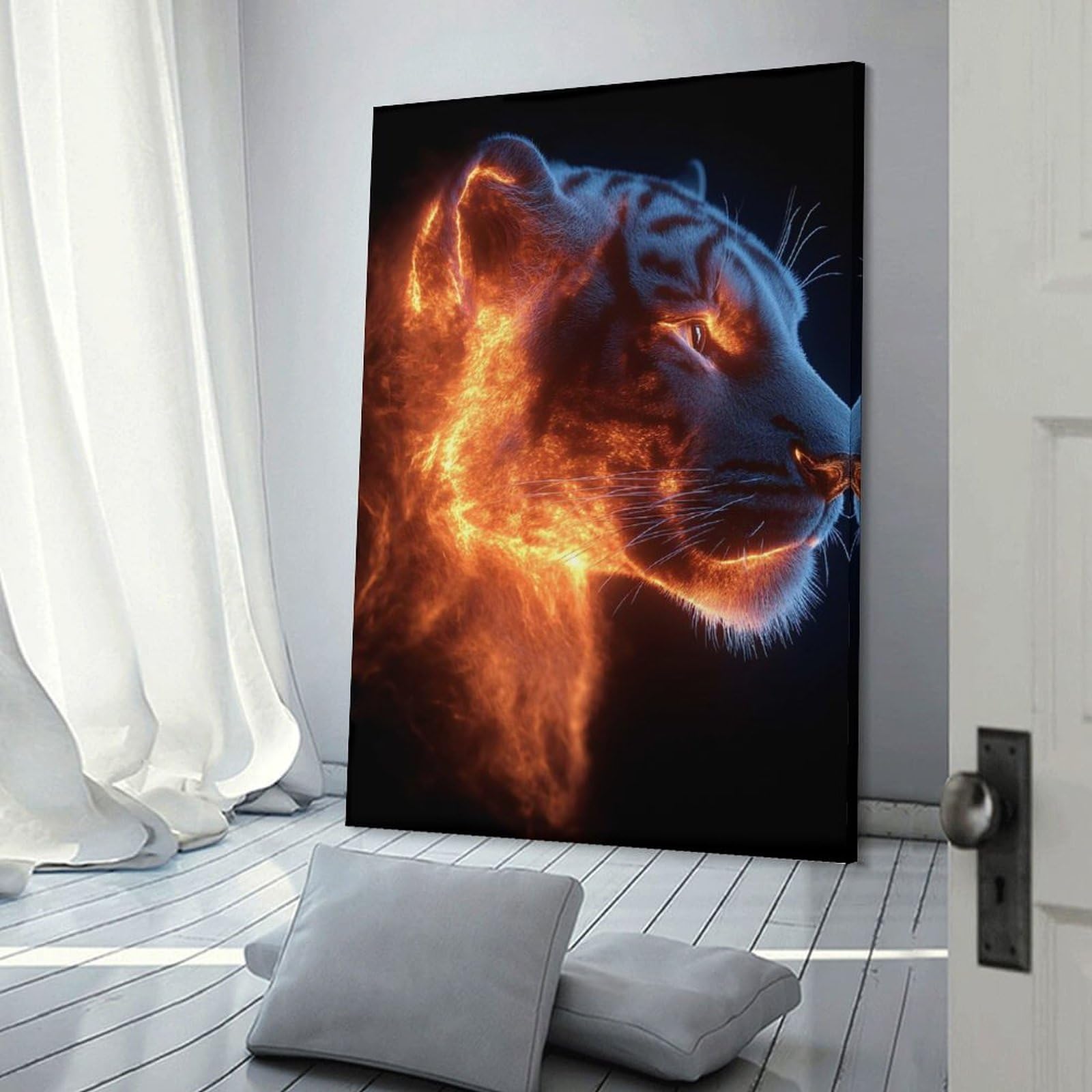 Junmoney Fiery Tiger Portrait on Black Background Home Decor Wall Art, 24x36inch(60x90cm), for Living Room, Bedroom Or Home Office, Home Decor Gift with Stylish Appeal