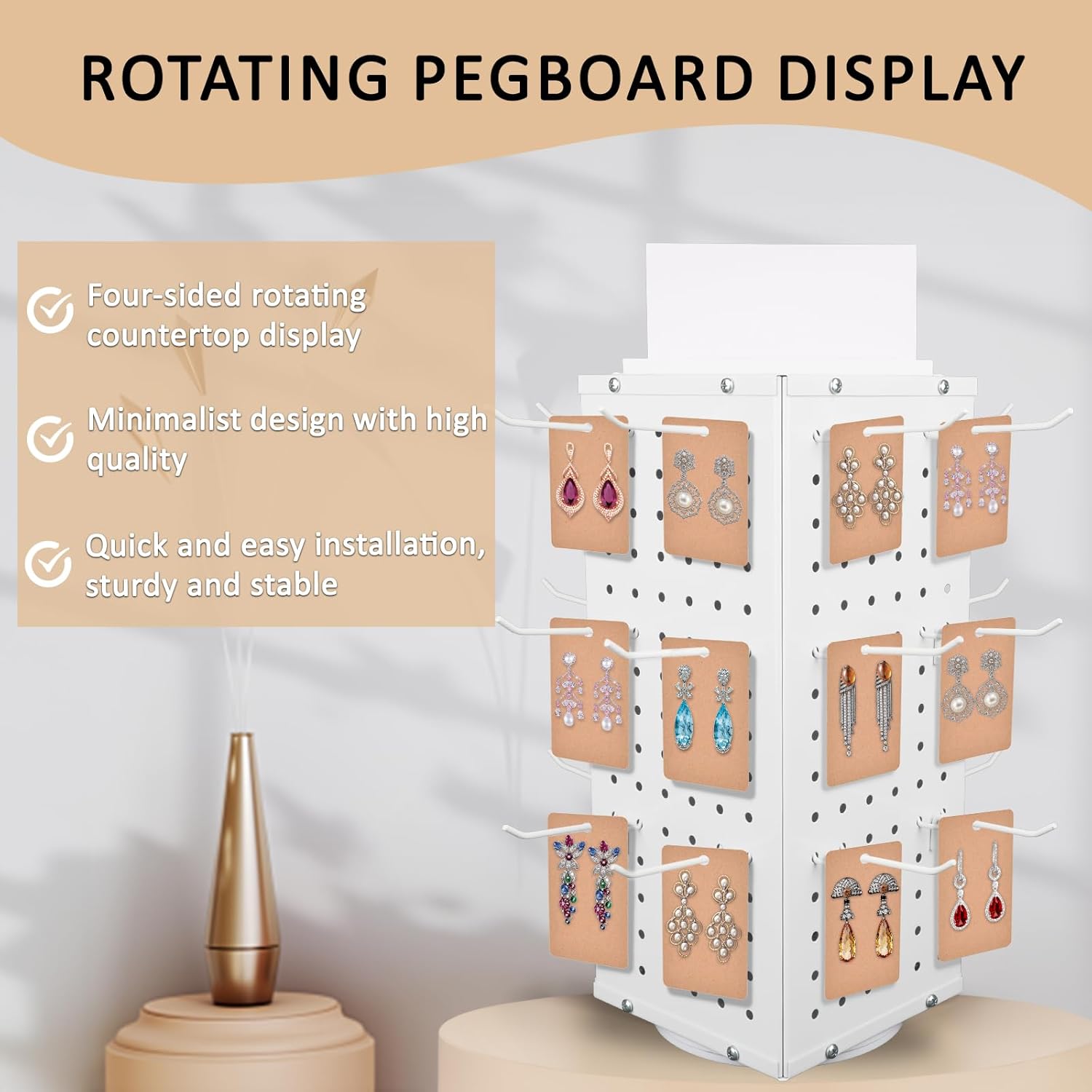Rotating Pegboard Display Stand With 24 Hooks, 4-Sided Metal Spinning Peg Board Display 7.4"x7.4"x17" Spinner Pegboard Carousel Craft Rack Organizer (White)