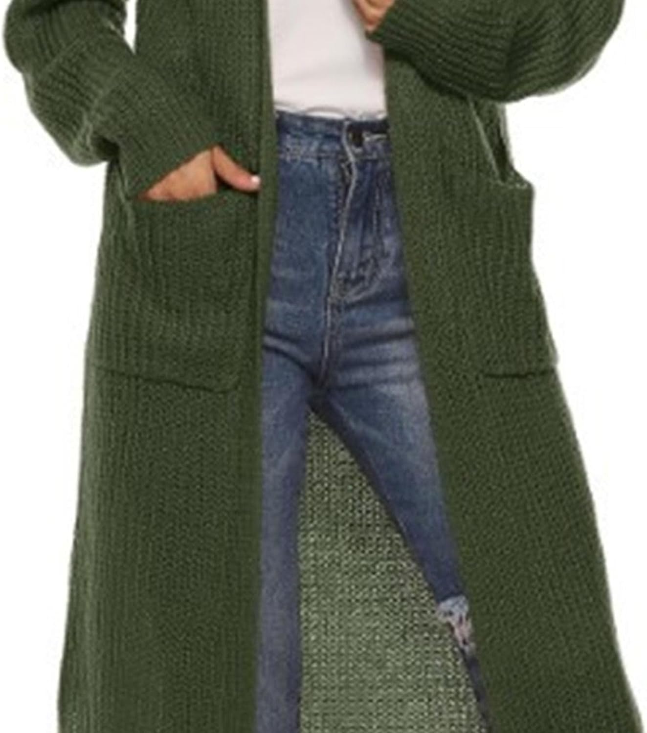 Womens Mesh Long Knee Length Cardigans Cable Knitted Open Front Outerwear Solid Color Sweater Coat with Pockets