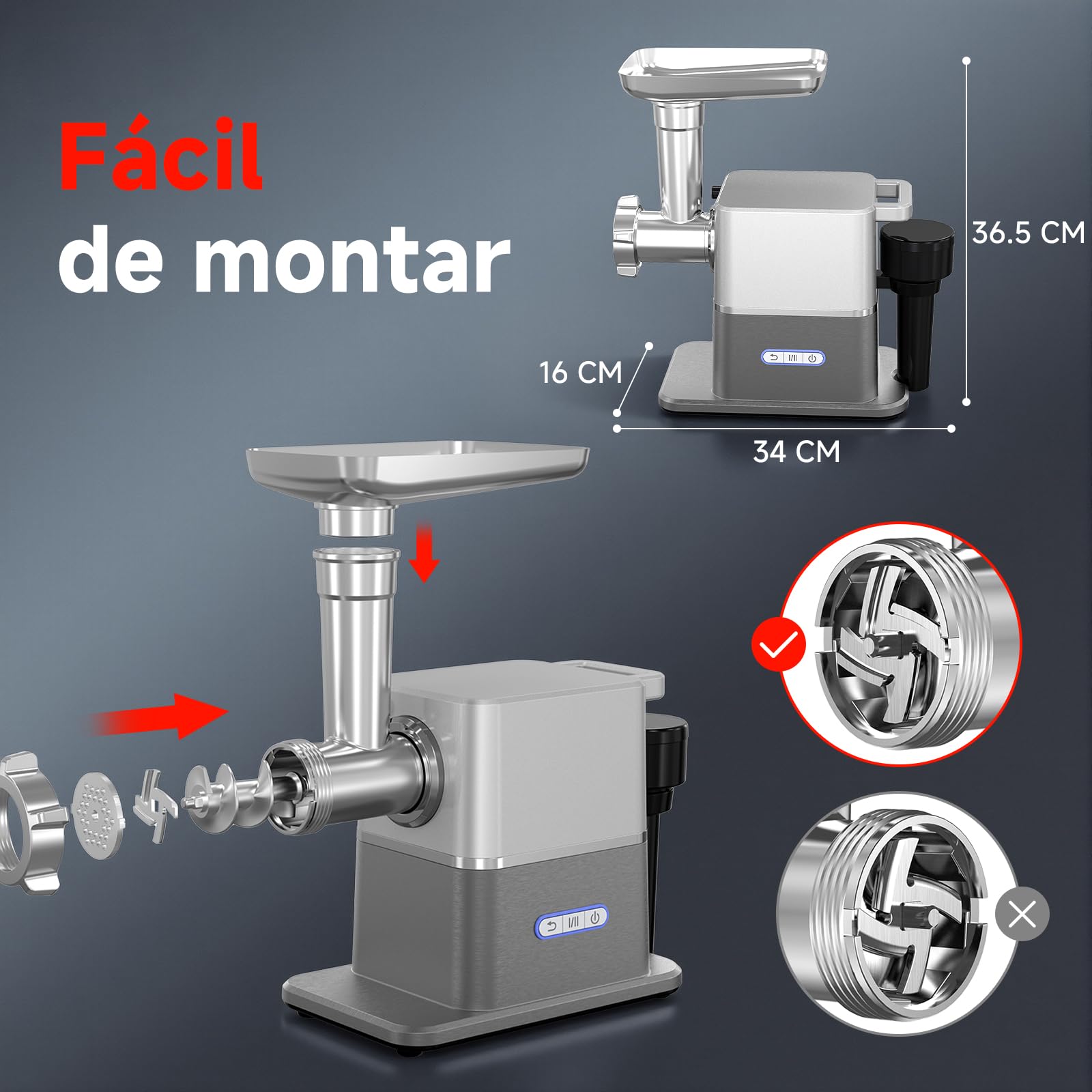AOBOSI Picadora De Carne Silenciosa - 3000W Máx. Con Motor DC, Solo 60dB, Reversa Automática Y Empujador De Alimentos Con Almacenaje - 3 Niveles De Velocidad, Para Moler, Hacer Embutidos Y Kibbe