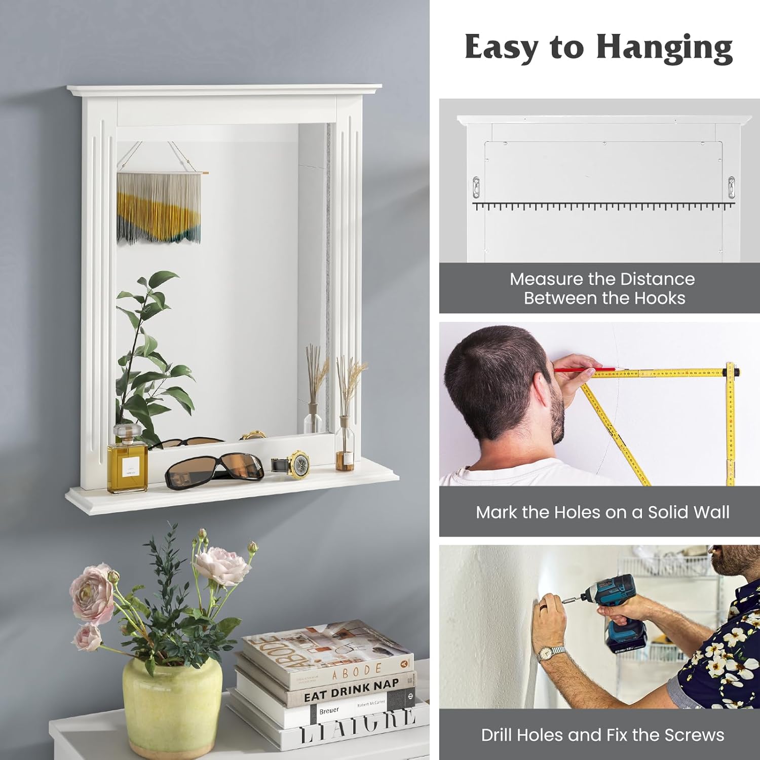 Tangkula Bathroom Mirror with Shelf, Rectangle Over Sink Wall Mirror, Hanging Vanity Mirror for Dressing Room Washroom Bedroom, Modern Concise Mirror (White)