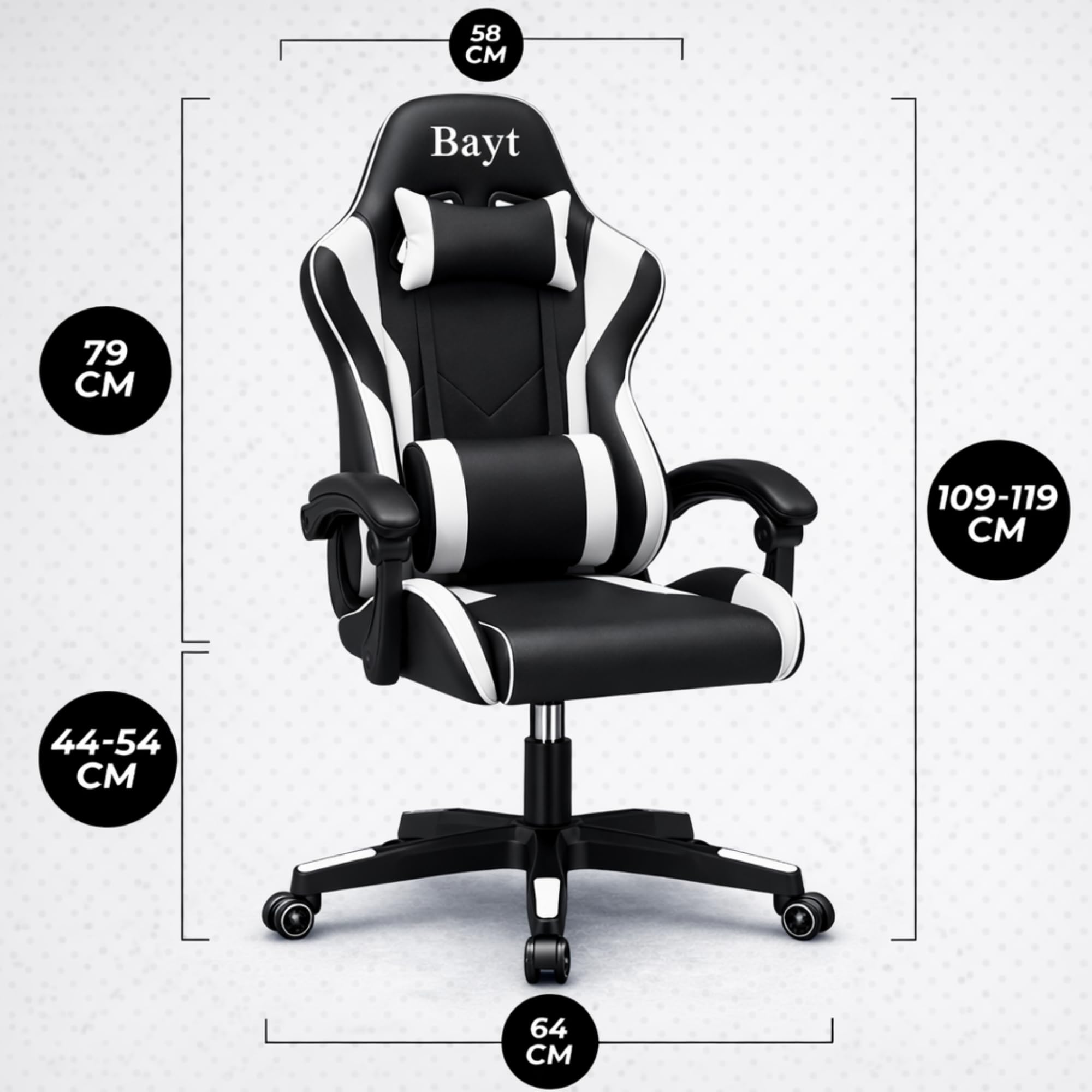 Bayt Krzesło Biurowe & Fotel Gamingowy Ergonomiczny - Gaming Chair do Biurka, Fotel dla Gracza Obrotowy, Design Sportowy z Ekoskóry, Czarny/Biały