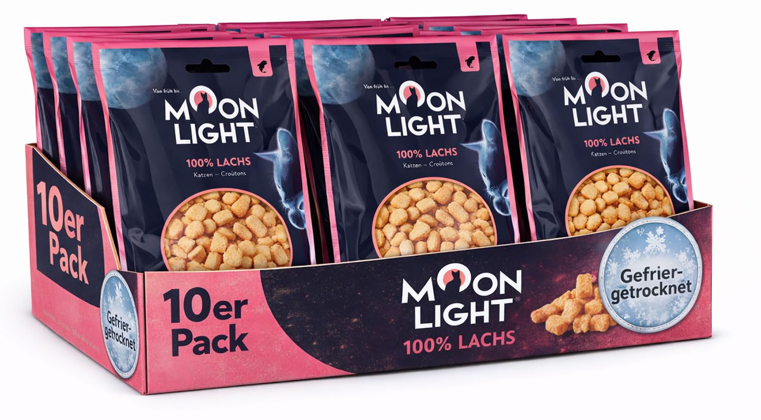 Moonlight Lot de 10 paquets de croûtons pour chat - Saumon lyophilisé - 100 % saumon - Friandises et garnitures pour chat - Croustillant et pur - Sans céréales ni sucre
