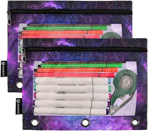 Miniatura 2 de Estuche para lápices de galaxia estrellada para carpeta de 3 anillos, estuche con cremallera y bolsa organizadora de ventana transparente, paquete
