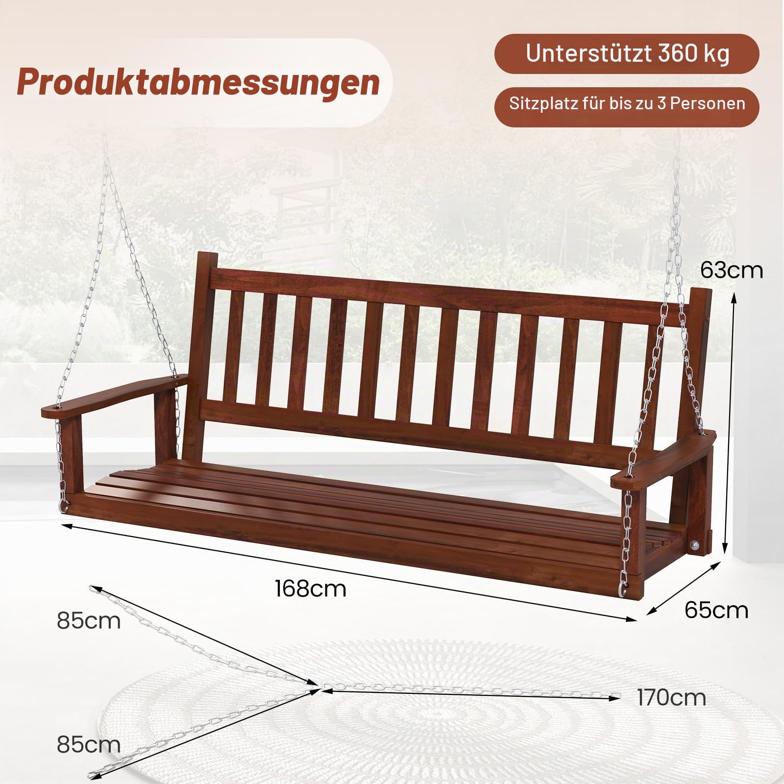 GIANTEX Hängeschaukel aus Holz, für 2/3 Personen, mit verstellbaren und robusten verzinkten Metallketten, mit Rückenlehne aus Latten und Sitz für Terrasse, Garten (168 x 65 x 63 cm, Braun)