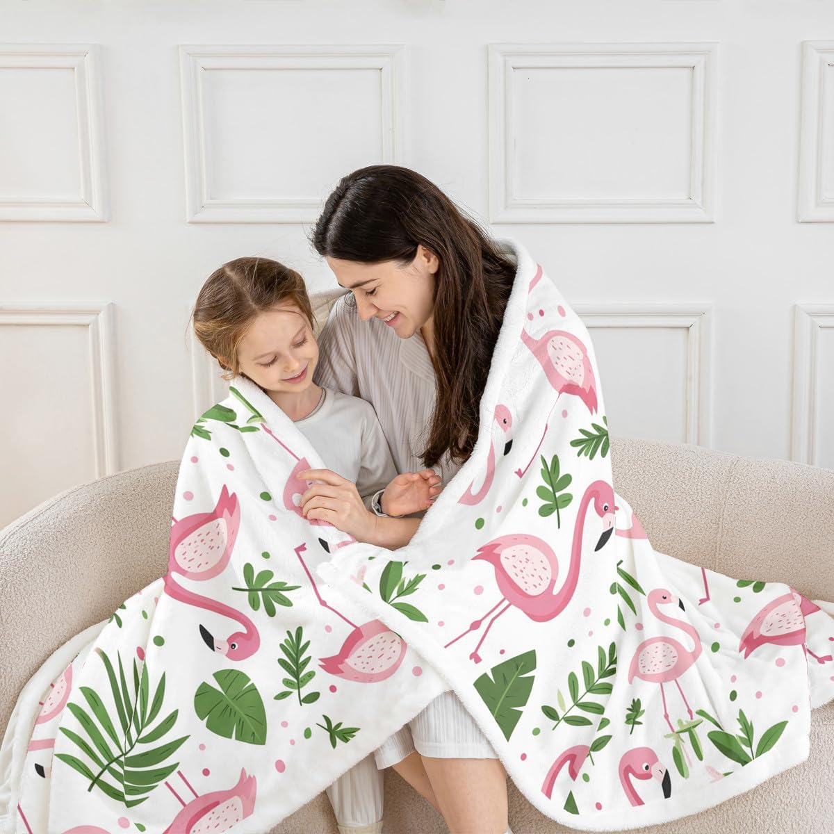 Flamingo Sherpa Blanket Pink Flamingo Fleece Throw Blanket for Kids Tropical Flamingo Pattern Plush Blanket Plam Leaf Fuzzy Blanket Twin 60"x80"
