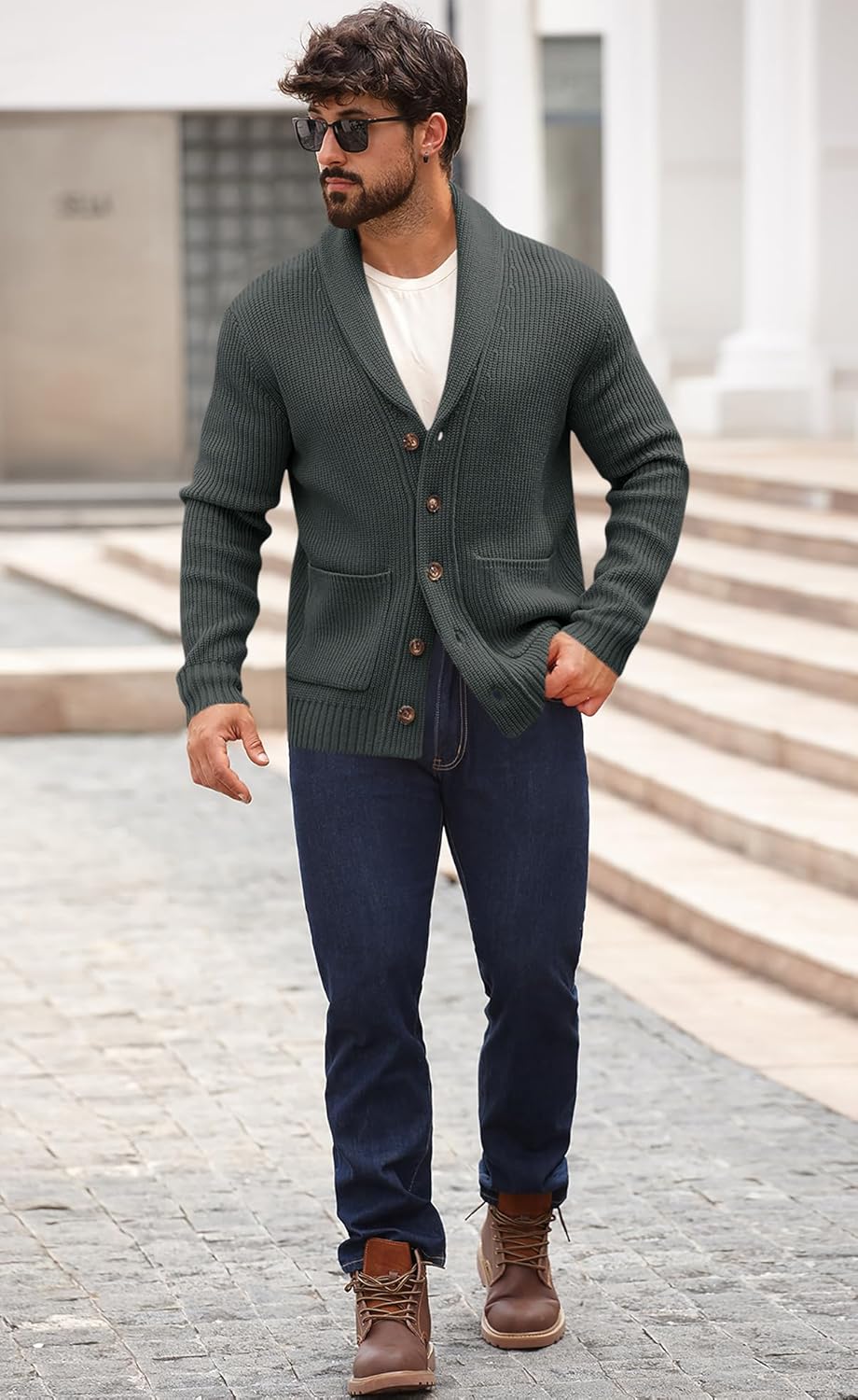 Runcati Mens Shawl Collar Cardigan Sweater Button Down Ribbed Knit Sweaters Chunky Casual Cardigan with Pockets - Image 5