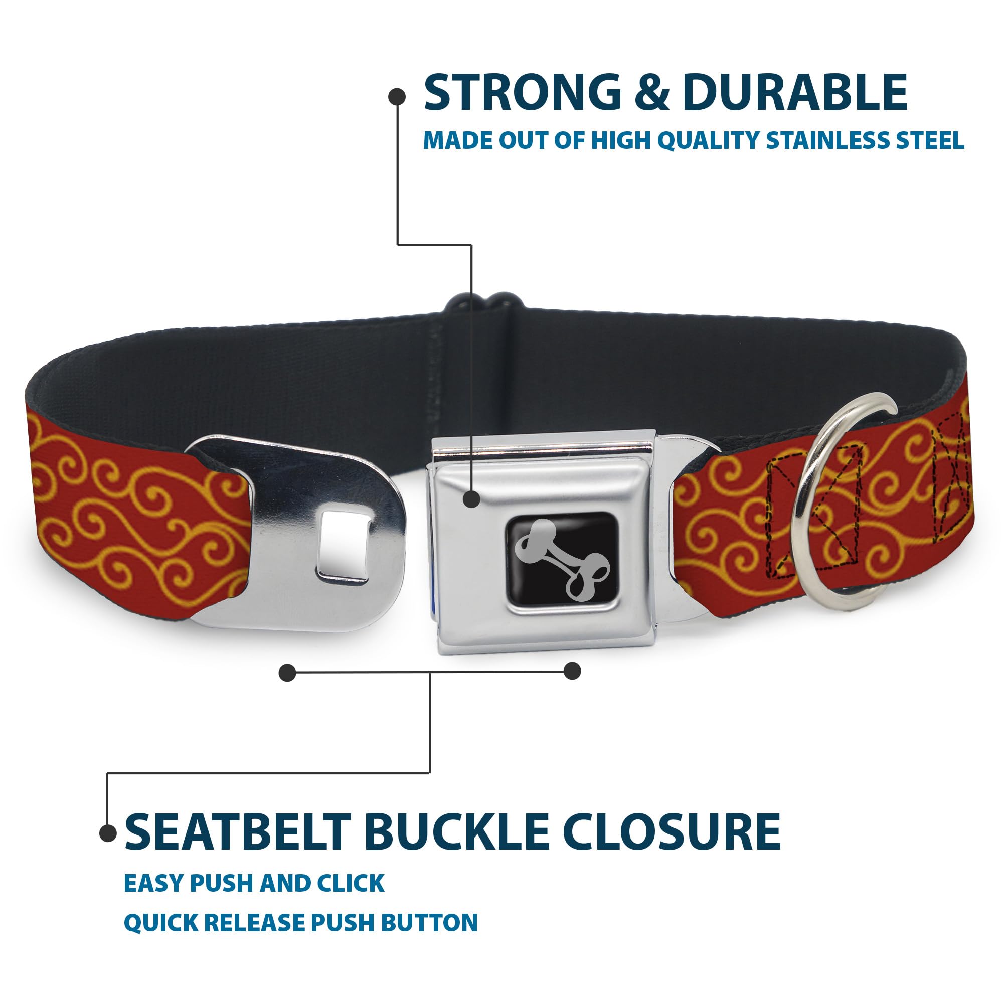Buckle-Down Obroża dla psa z klamrą pasa bezpieczeństwa - świąteczne wykończenie wiry czerwone/złote - szerokość 3,8 cm - pasuje na szyję 33-45 cm - mała
