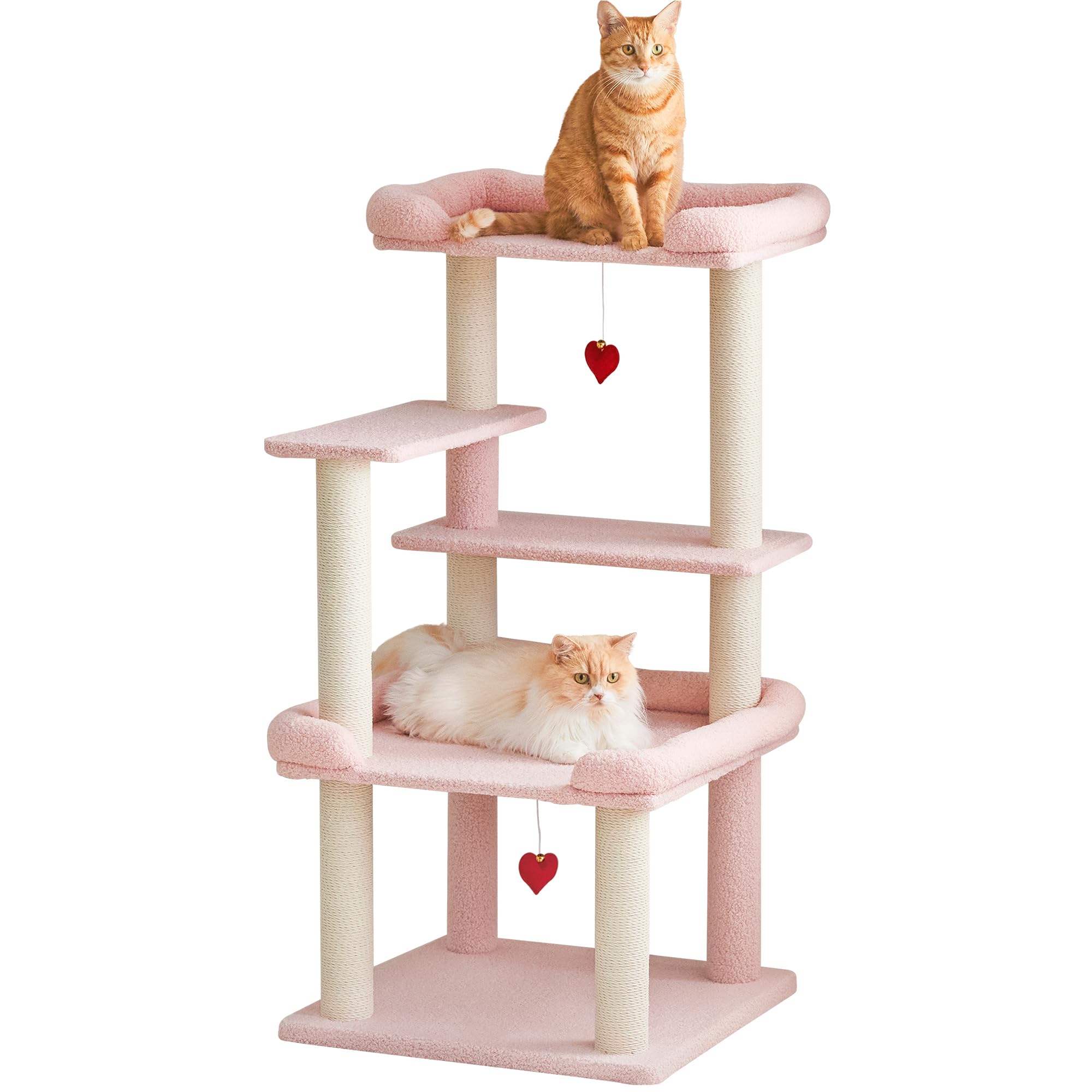 Quuzee Cat Tree 114cm Tall, Pink Cat Tower with Large Platform & Scratching Post, Multi-Level Cat Climbing Tree for Indoor Cats, Easy to Climb Cat Condo Furniture with Plush Teddy Fleece