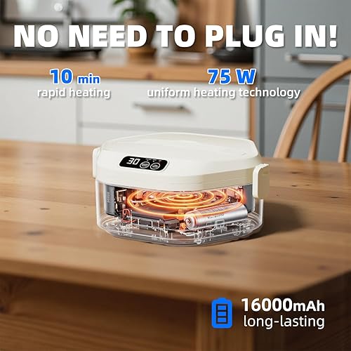 Miniatura 2 de Lonchera eléctrica inalámbrica, lonchera calentada a batería, calentador de alimentos autocalentable recargable de 16000 mAh con función de