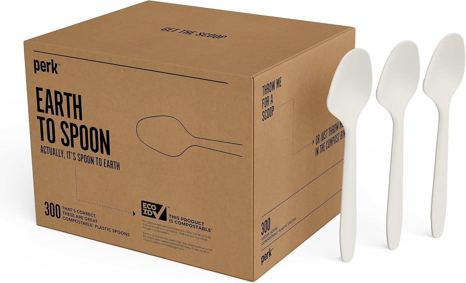Perk Compostable PLA Spoons, White, Mediumweight Disposable Utensils, Plant-Based Cutlery, 600/Carton