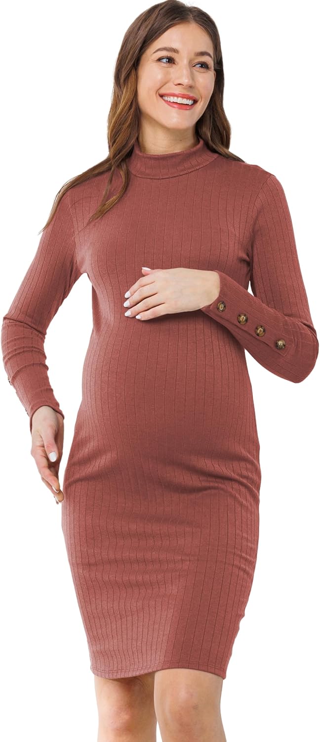 Womens Long Sleeve Mock Neck Ribbed Maternity Dress