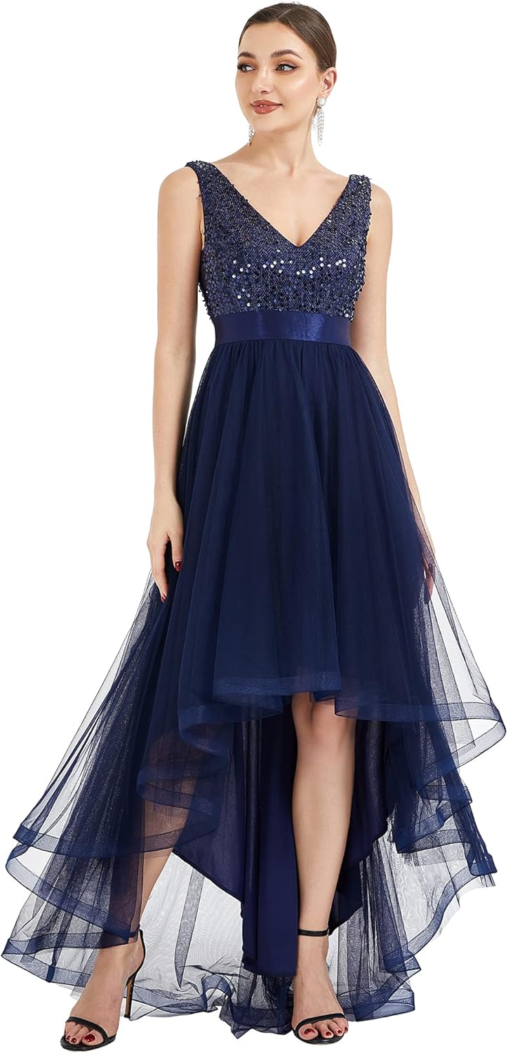 Ever-Pretty Women's Cocktail Dress Double V-Neck Sleeveless Empire Waist Sequin High Low Tulle Formal Dress 0147A