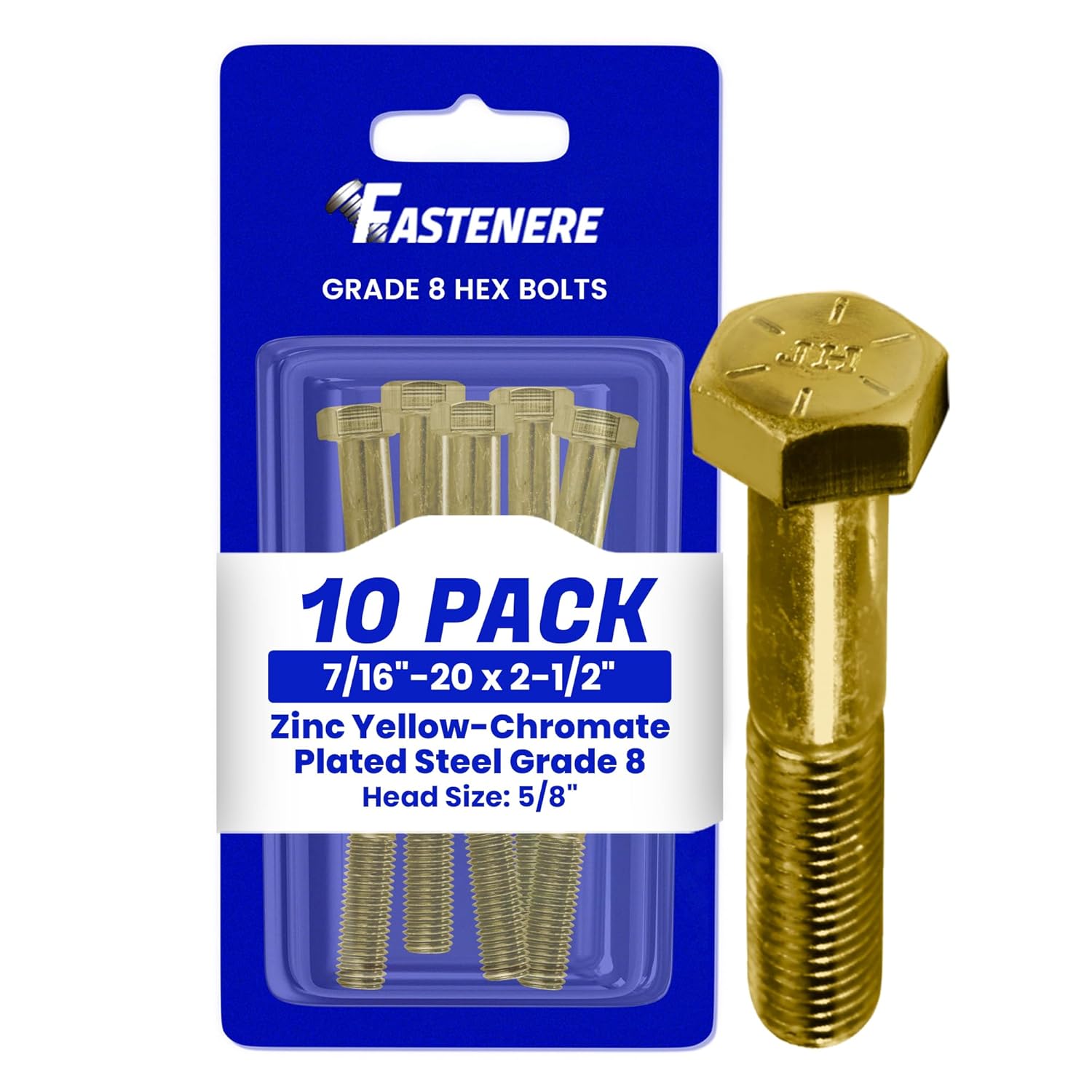Fastenere 7/16"-20 x 2 Hex Bolts Grade 8 Zinc Yellow-Chromate Plated Steel, Partial Threaded Durable Hex Bolts for Machinery & Construction, Rust-Resistant, Heavy-Duty Fasteners, Pack of 10