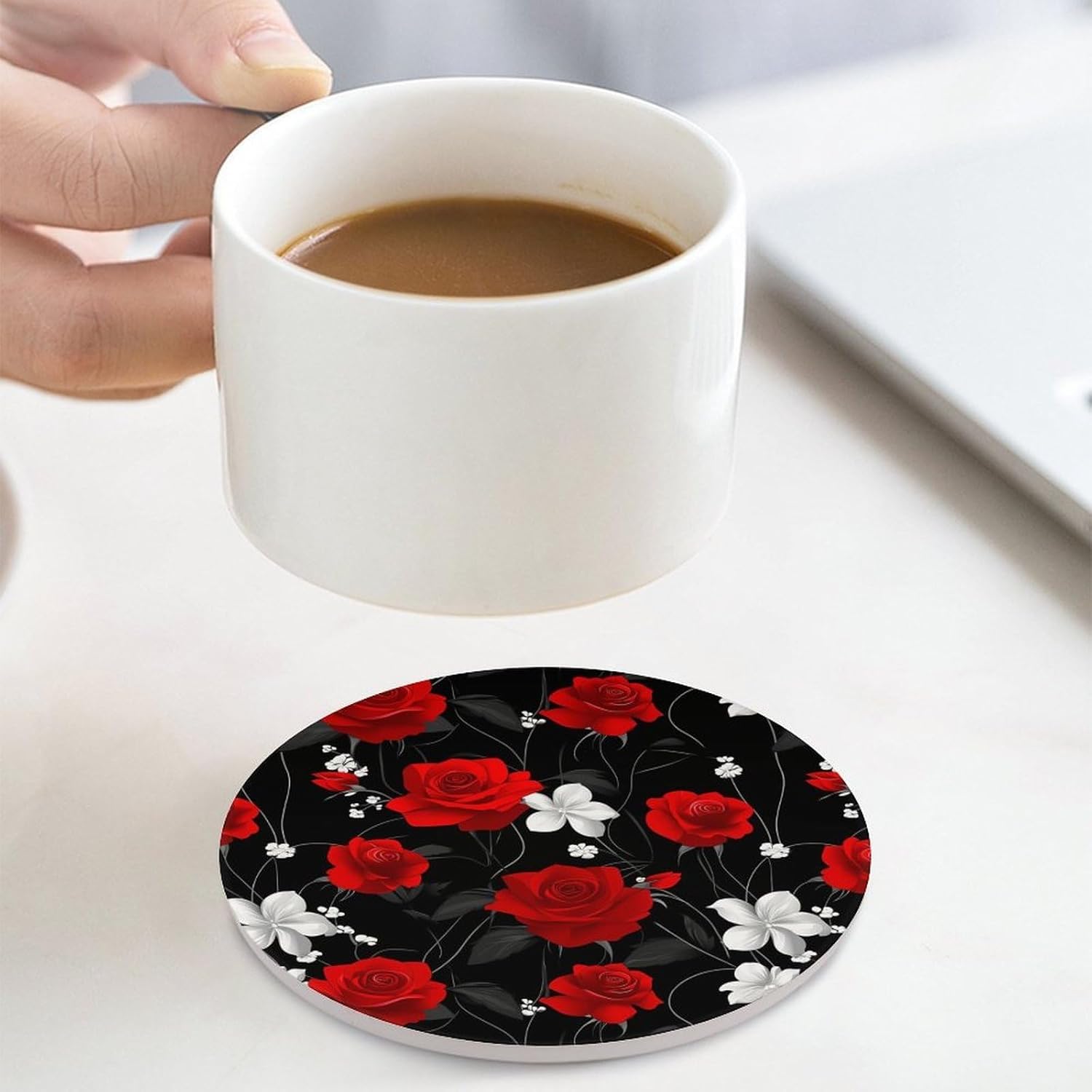 Red Rose Funny Round Ceramic Coasters for Drink Absorbent Cup Holders Tabletop Protection