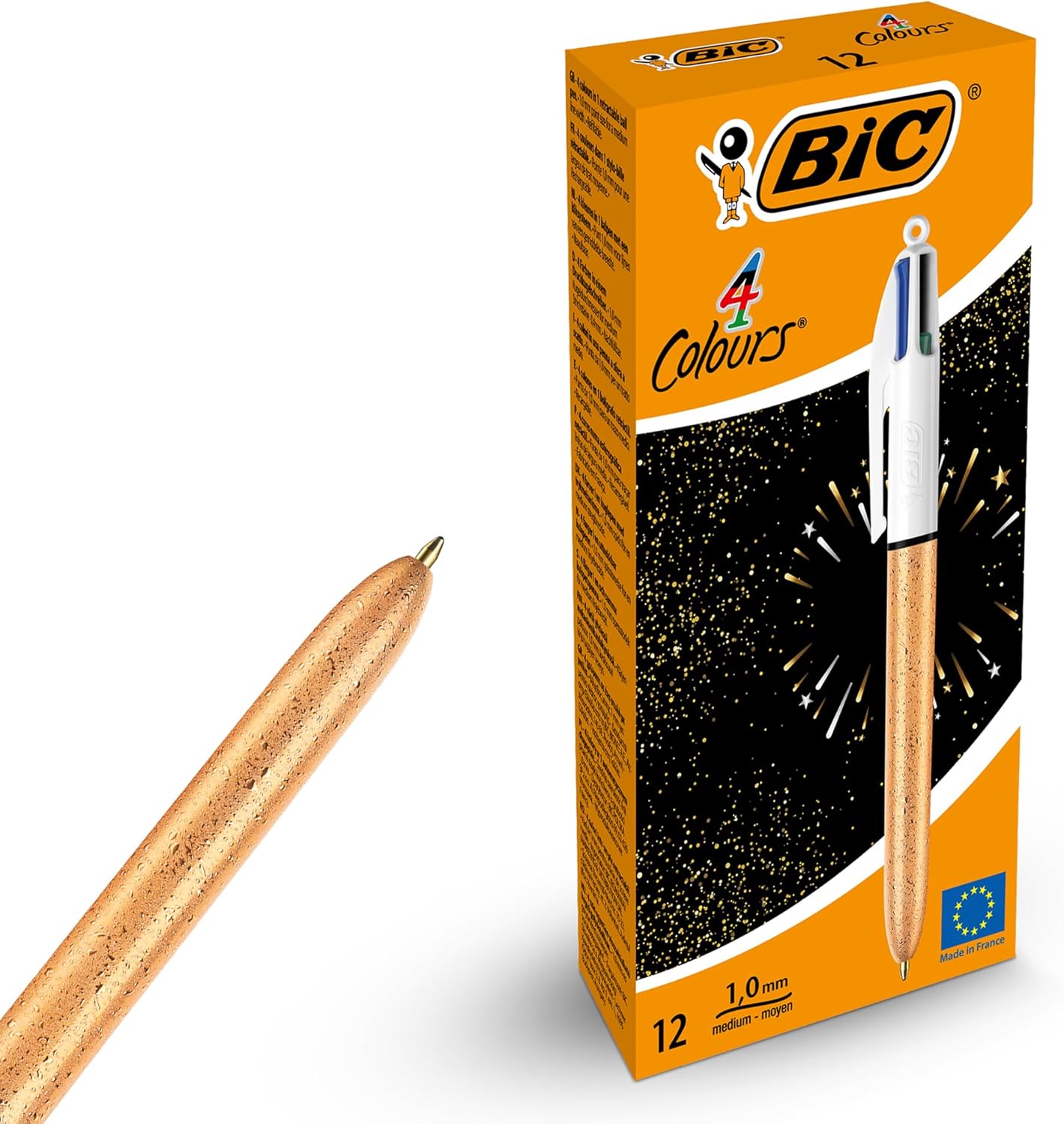 BIC 4-Colour Champagne Pens Multi Pen Retractable Frosted Gold Barrel Design Multicolour Pen With Four Assorted Vibrant Inks Multi Coloured Pens All in One for School Office (Pack of 12)