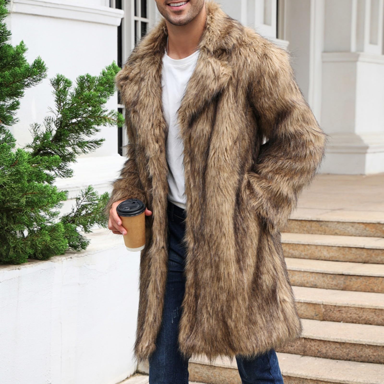 Generisch Herren Kunst Pelzmantel Winterjacke Lang Kunstpelz Mantel Reverskragen Plüsch Strickjacke Warme Felljacke Pelz Jacke Lose Wintermantel Revers Pelzjacke Jacke Männer Parka