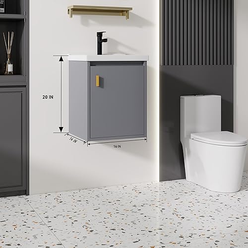 Miniatura 125 de Tocador de baño de 20 pulgadas con lavabo de cerámica, tocador de baño pequeño montado en la pared con puerta de cierre suave, gabinete flotante