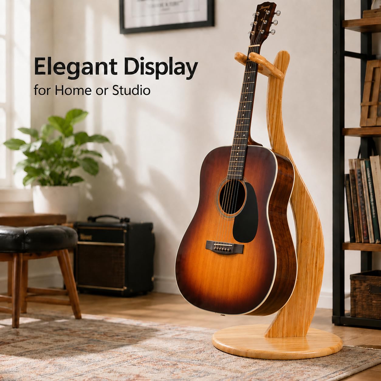 Supporto per chitarra in legno – Supporto universale in bambù per chitarra acustica, elettrica, basso, ukulele, violino e mandolino – espositore stabile antiscivolo con pulitore