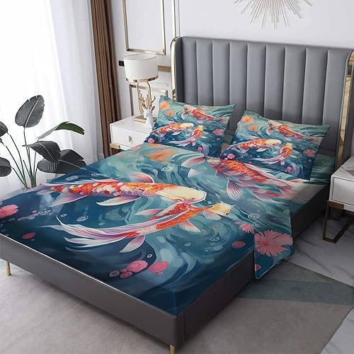 zcsm Koi Fish Sheets King Size - Japanese Bed Sheets, Soft Microfiber & Deep Pocket & Wrinkle Free Patterned Bedding Sheets & Pillowcases, 4 Piece