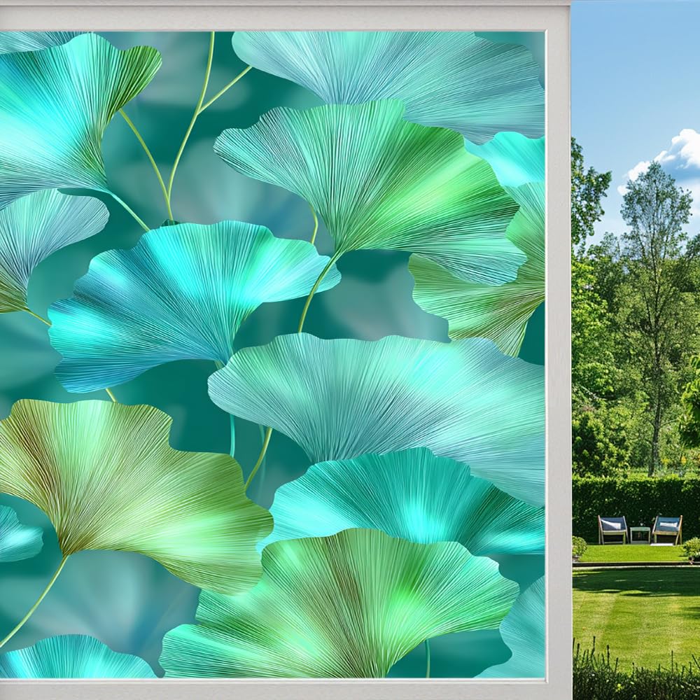 Pmlbaous Natural Leaf Privacy Window Film, Green Plant Ginkgo Leaves Texture Frosted Self-Adhesive Vinyl Cling For Glass Doors Bathroom Windows Sun Blocking Heat Control, （45X90cm）