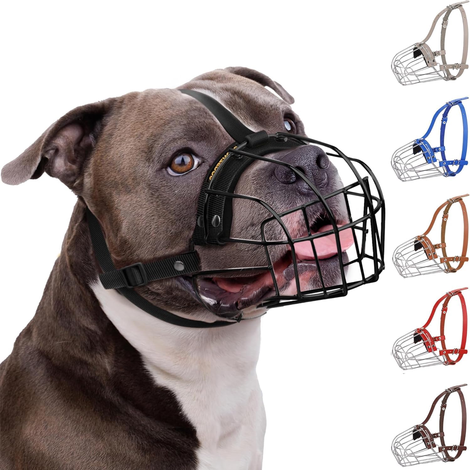 BRONZEDOG Pitbull Dog Muzzle Breathable Metal Basket for Large Dogs Amstaff Staffordshire Terrier Biting Chewing Barking (Nylon, Black)