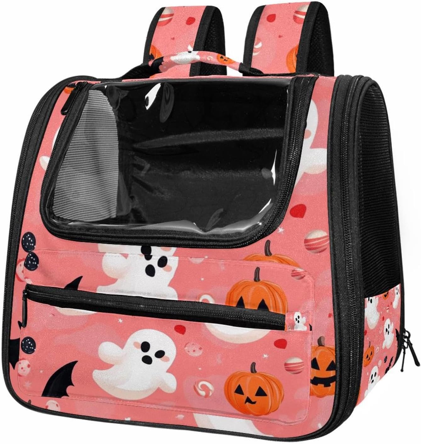 Portable Travel pet Backpack Carrier Hamster Bag Small Dog cat Carrier Breathable Hang Bag, Halloween Bats Candies Pumpkins