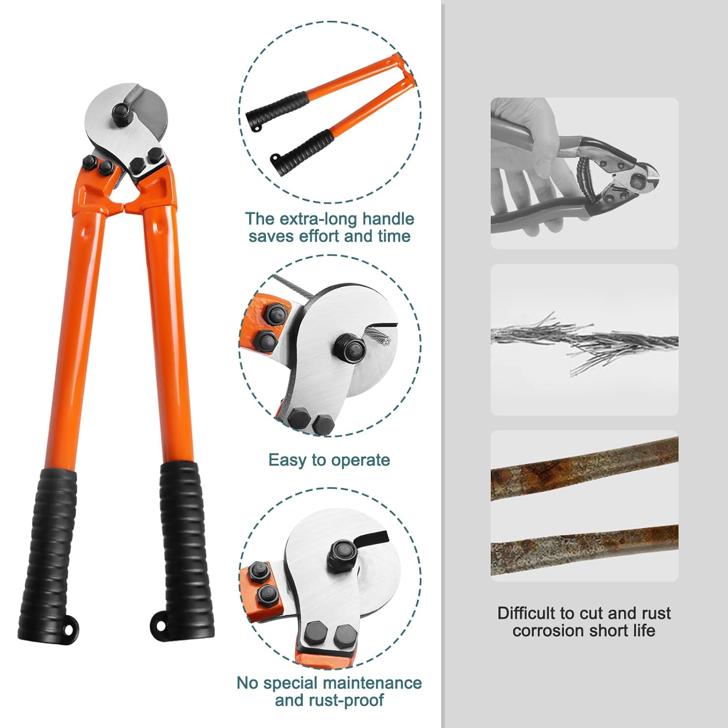 BLIKA 18'' Heavy Duty Cable Cutter, Steel Cable Cutter for Cable Railing, Cuts Up to 5/16" Stainless Steel Wire Rope, Copper and Aluminium Cables