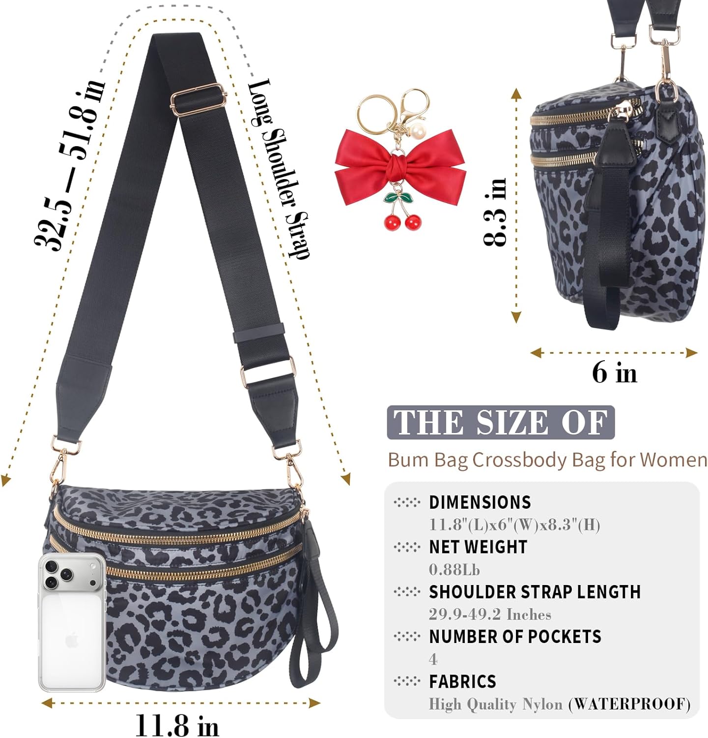 Bum Bag Crossbody Bag for Women | Spacious Bum Bags | Nylon Crossbody Fanny Packs | Leopard Purse Belt Wallet (Color Bum Bag-Grey Leopard) - Image 4