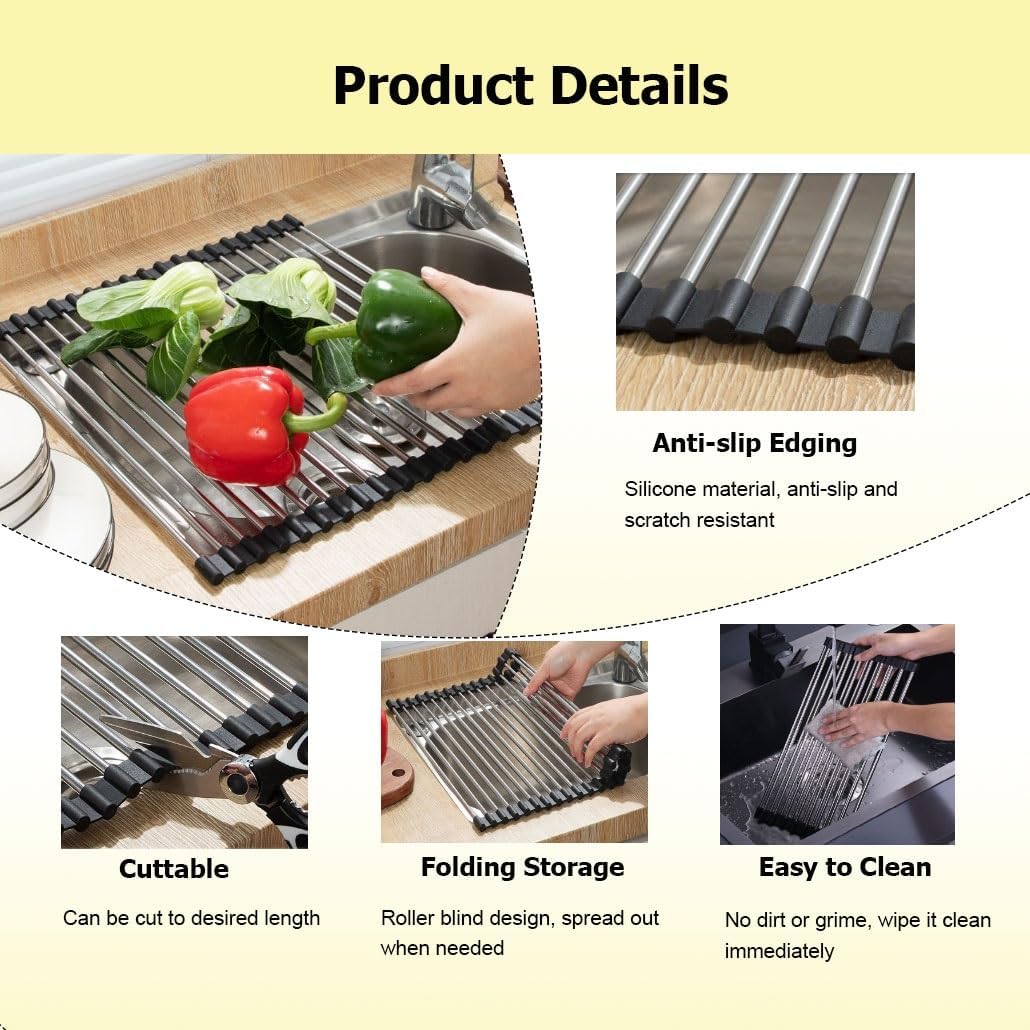 伸縮式折りたたみ式キッチンシンクストレーナー、38～60cmステンレススチール製食器水切り、ロールアップ式拡張可能食器ラック、ブラッ