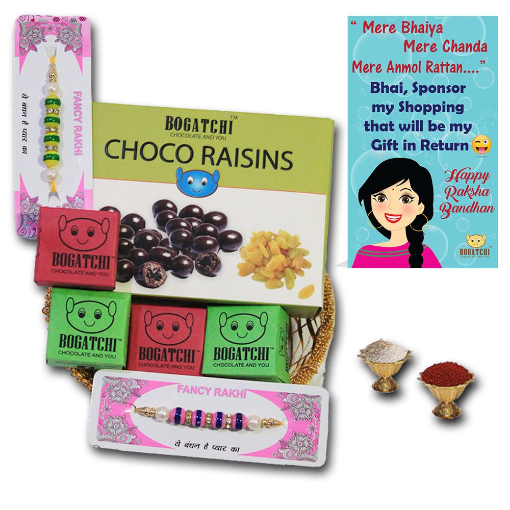 BOGATCHI Rakhi Gift Basket ,4pcs of Chocolate+Choco Raisins, Free Rakhi Greeting Card + Free Roli Chawal,Free Rakhi(2pcs)-image-18
