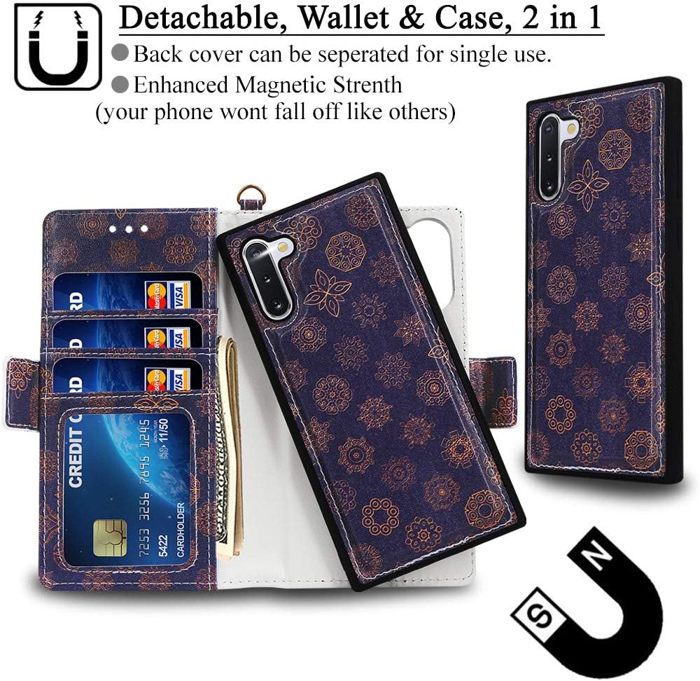 Mefon Galaxy Note 10 Wallet Case Detachable, Wireless Charging Compatible, Durable Slim, Magnetic Detachable Flip Cover Leather Folio Phone Cases for Samsung Galaxy Note 10 5G 6.3" (Mandala 1)