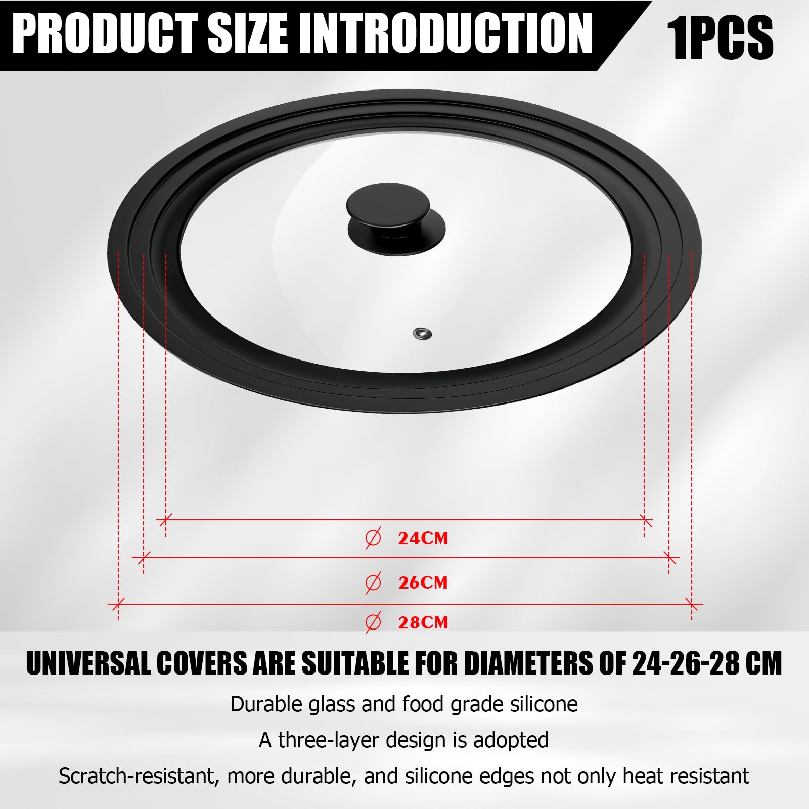 Coperchi universali 3 in 1 2 pezzi: coperchi per pentole Ø 16/18/20 cm e 24/26/28 cm per padelle, coperchi in vetro per pentole con bordo in silicone anti-scottatura