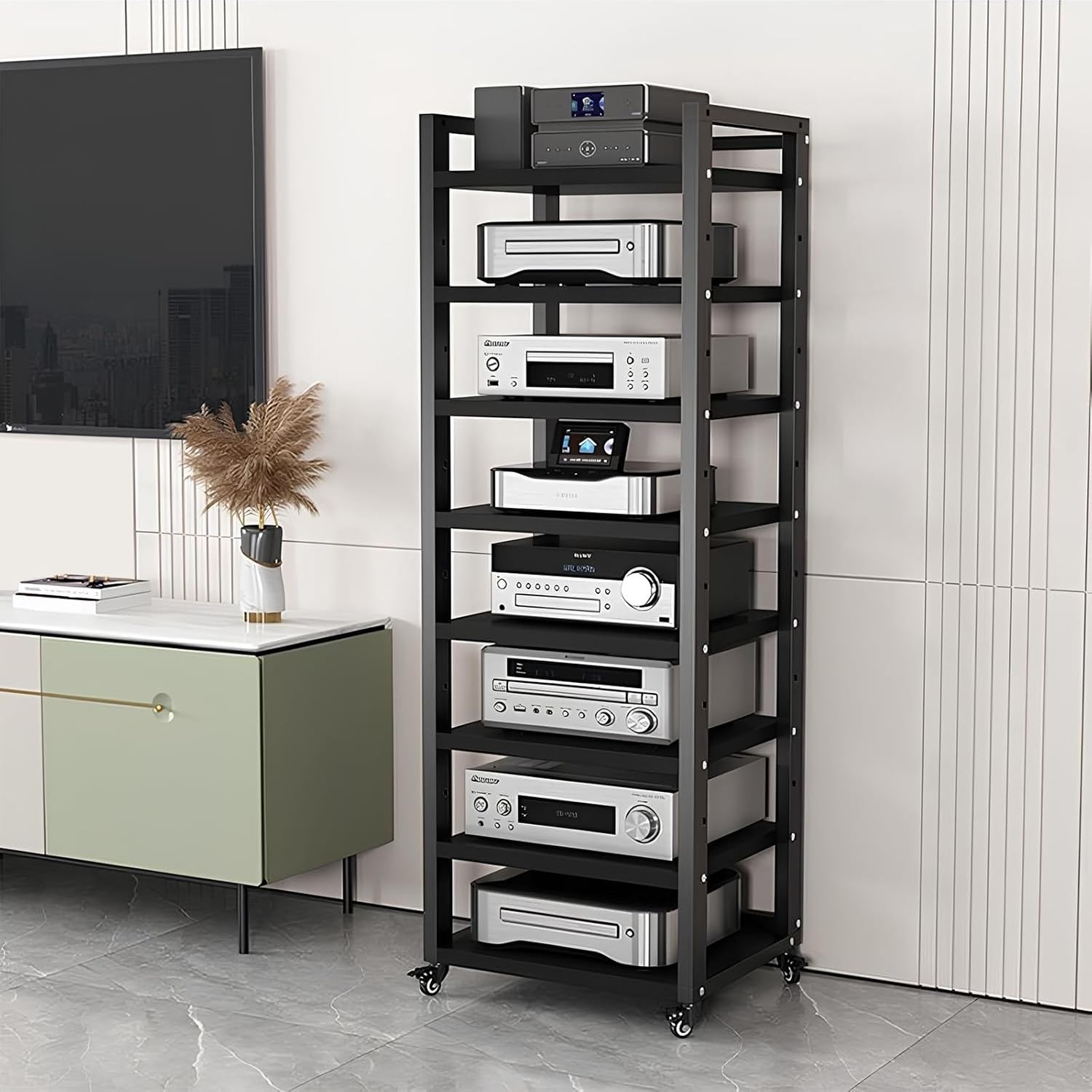 AV Media Stand Floor-Standing Audio Video Rack with Wheels | Height Adjustable Stereo Components Cabinet | Living Room/Home/Office Organizer Shelf (Walnut)