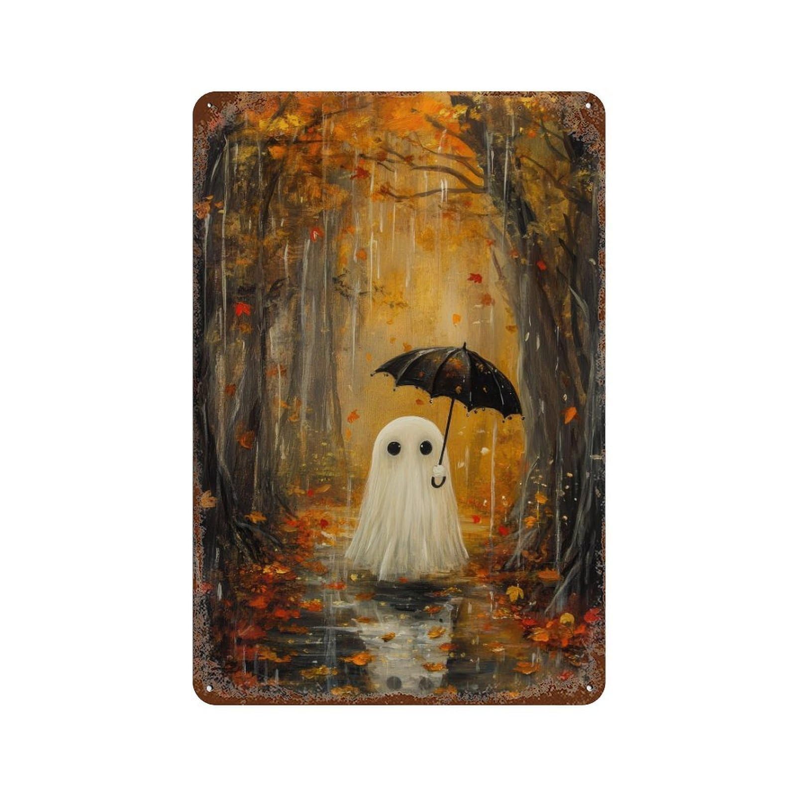 xiaoxiaoshen Autumn Ghost in Rain Cottagecore Spooky Season Decor Whimsical Halloween Wall Decor Art Metal Tin Poster Modern Home Decor Art Home Bar Shop Decorations Vintage Sign 30x20cm