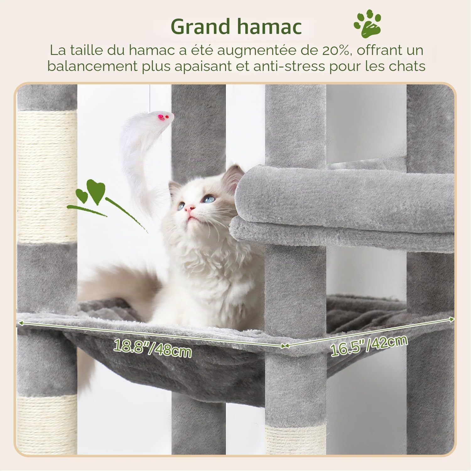 Globlazer Arbre a Chat pour Grand Chats Hauteur 165cm avec 2 Grandes Plateforme Rembourré 48*42CM, Extrlarge Hamac, Niche, Perchoir, Stable Arbre à Chat avec Soutien pour Chats Adult (S65, Gris Clair)