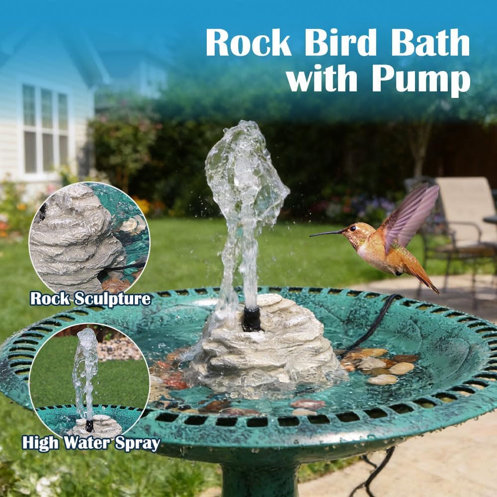 Bird Bath Fountain, Resin Granite with 9.8ft Long Wired Pump for Outdoor Garden Patio Decor, Rock Water Feature Fountain for Hummingbird Birdbath Aquariums and Fish Tank (Gray)