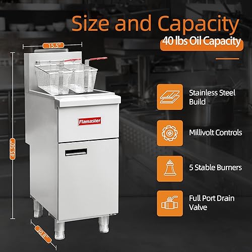 Miniatura 5 de Freidora Comercial Profunda con 2 Canastas, Freidora de Gas Natural de 90000 BTU - Certificada CSA, 200F-400F 3 Tubos, Freidora de Piso de Acero