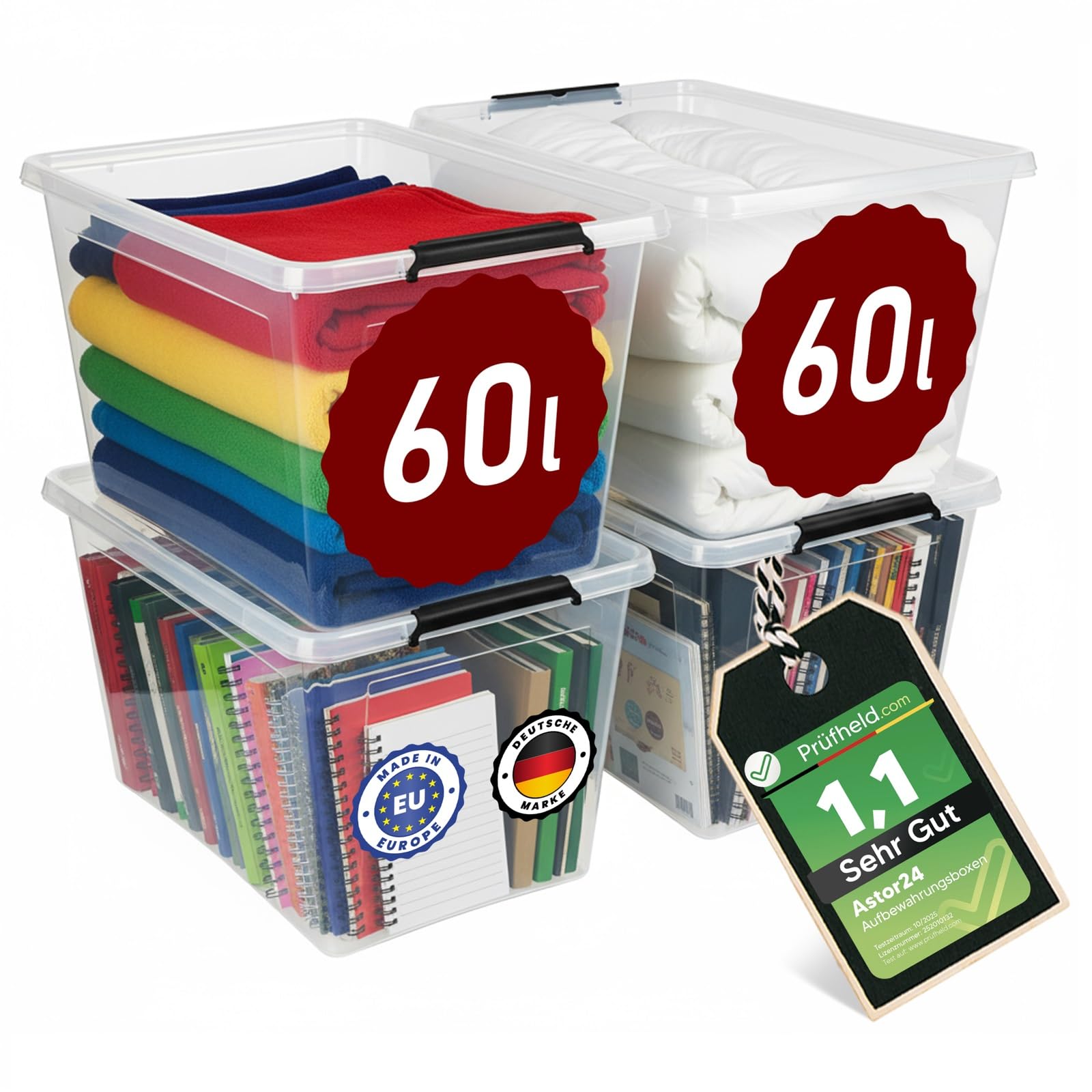 astor24 [Test SEHR GUT, NOTE 1.1] Aufbewahrungsboxen mit Deckel, 4x 60 L, transparente Boxen, lebensmittelechte Stapelboxen, Ideale Aufbewahrung für Büro, Kinderzimmer, Kleiderboxen, Küche, Werkstatt