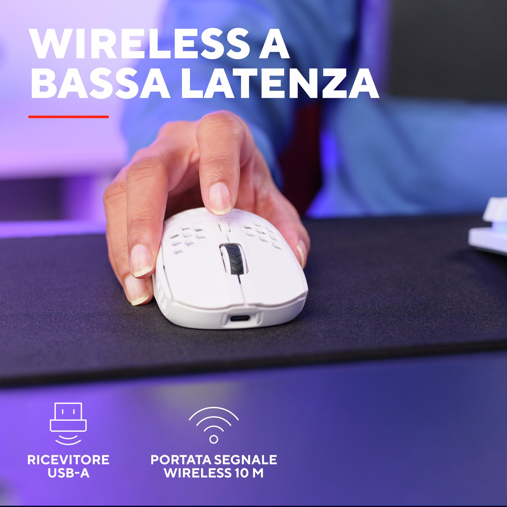 Trust Gaming GXT 929W Helox Mouse Gaming Wireless Superleggero 75g, 80h di Durata Batteria, 2.4GHz Ricevitore USB, Regolazione DPI (800-4800), Illuminazione LED, Mouse Wireless Ricaricabile - Bianco