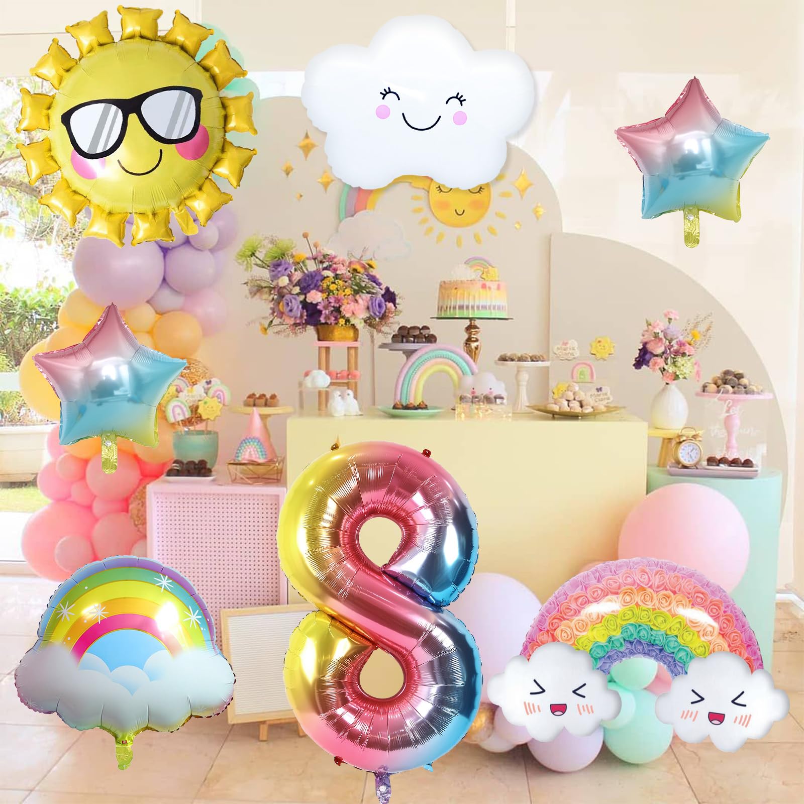 8 Jahre Regenbogen Geburtstag Deko für Mädchen - Folienballon, Sonne, Sterne Luftballons für 8. Geburtstag Mädchen