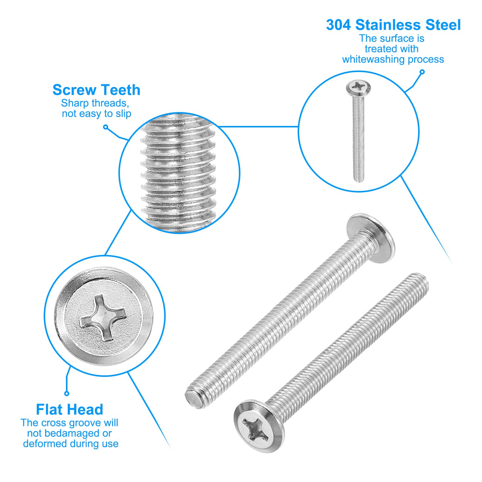 PATIKIL Flat Round Head Phillips Screws, 8 Pack M6-1 x 60mm Binding Screws 304 Stainless Steel 18-8 Full Thread - Image 3