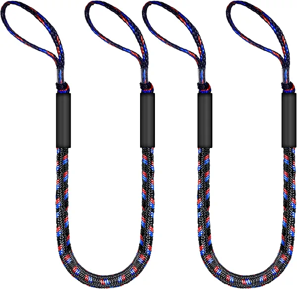 5FT Bungee Dock Line for Boats – Adjustable Elastic Mooring Rope – No-Tangle Quick Tie for PWC, Kayak, Canoe (Black, red & Blue)
